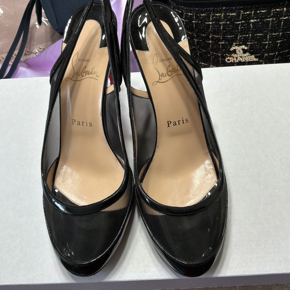 Christian Louboutin Black Mesh Slingback Heels – Size 38 – Red Soles